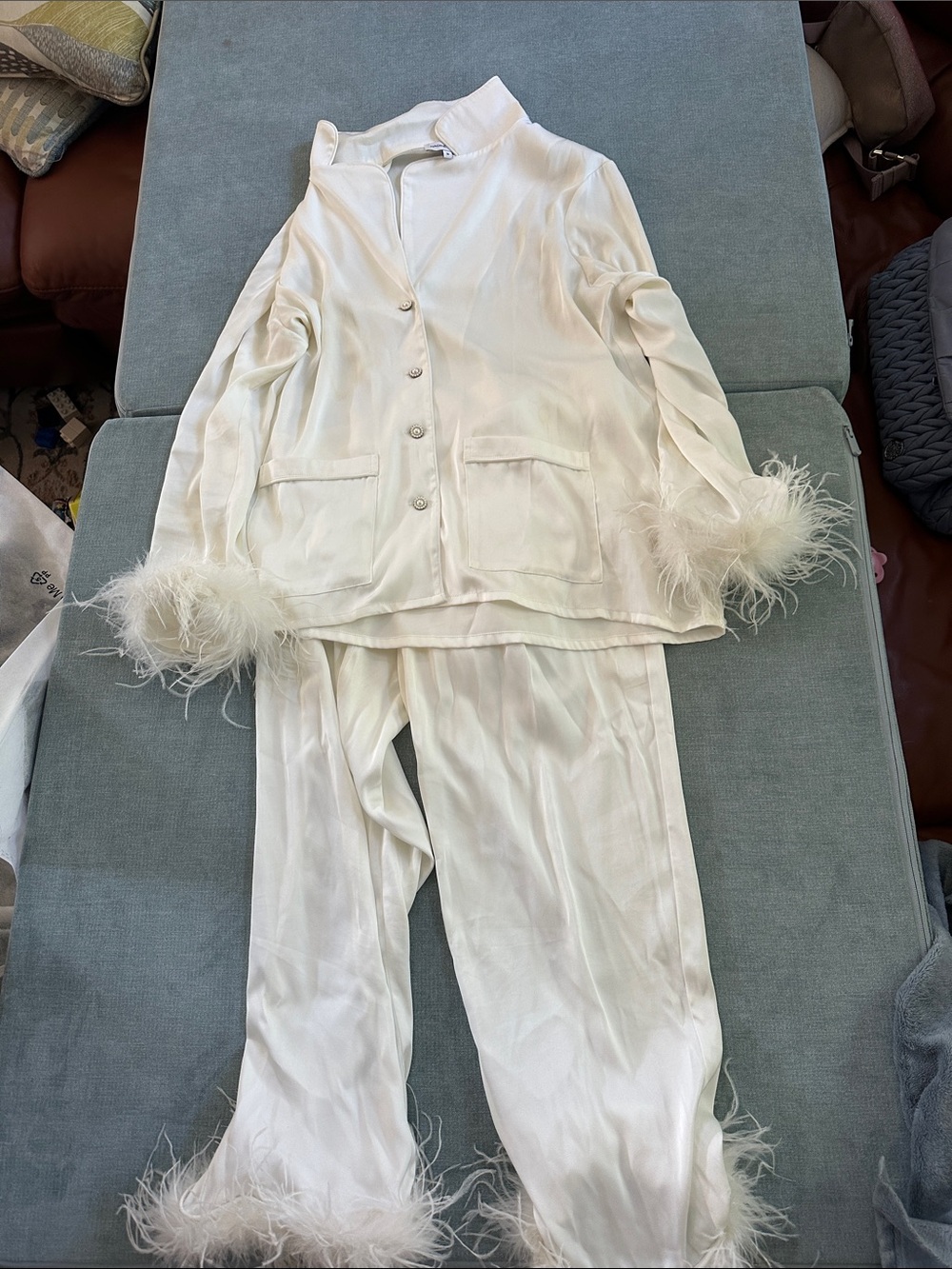 Nadine Merabi White Feather-Trim Pajama Set